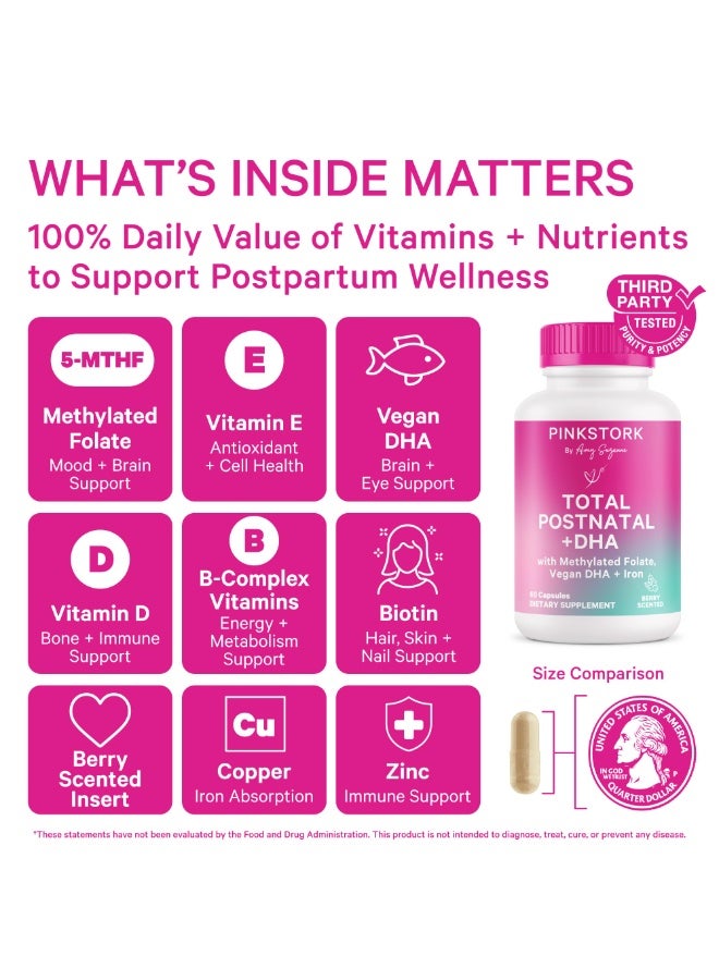 Pink Stork Total Postnatal + DHA, with Methylated Folate, Vegan DHA + Iron, 60 Capsules, Berry Scented Dietary Supplement - Image 2