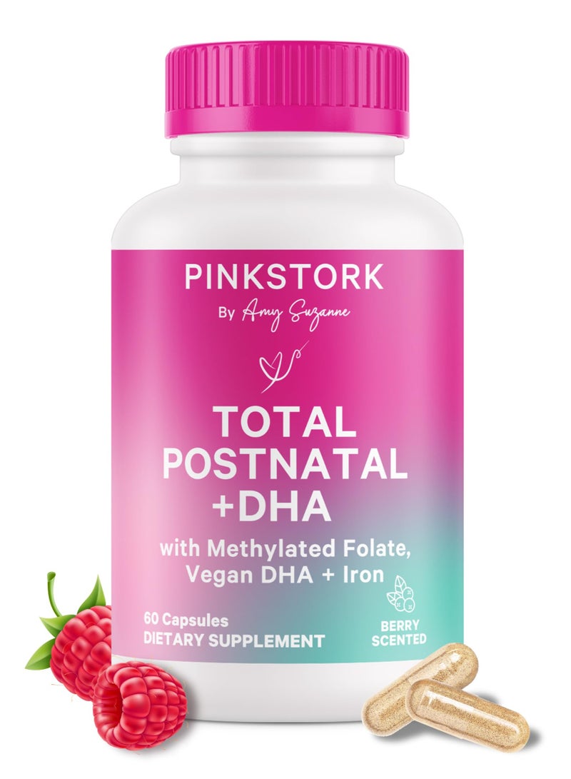 Pink Stork Total Postnatal + DHA, with Methylated Folate, Vegan DHA + Iron, 60 Capsules, Berry Scented Dietary Supplement - Image 1