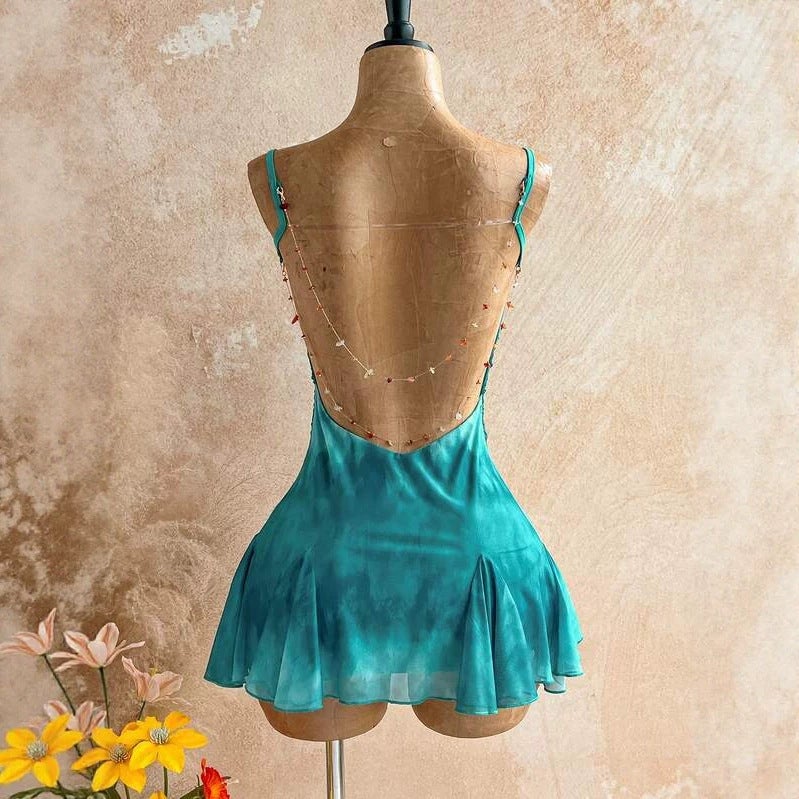 فستان برباط بتصميم صباغة ربطة مع حاشية كشكشة، أخضر - Image 3