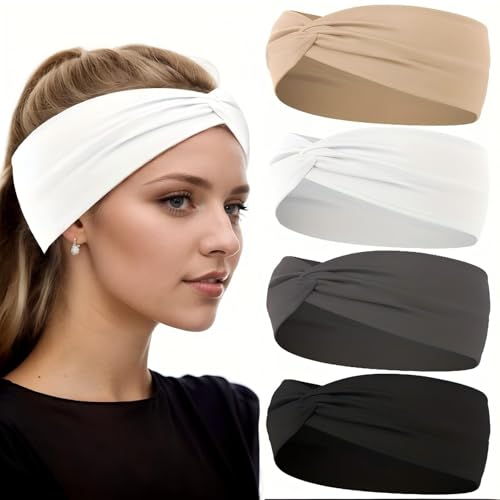 Luuao Stretchy Wide Headbands for Women - 4 Pcs Non Slip, Soft Twist Knotted Hair Bands for Yoga Workout(4 Color4) - Image 1