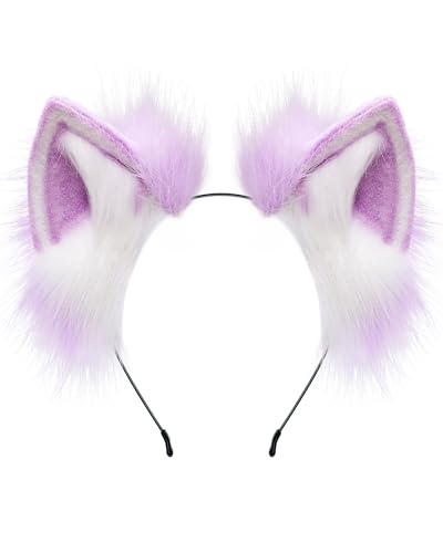 BNLIDES Handmade Fur Fox Wolf Cat Ears Headwear Women Men Cosplay Costume Party Cute Head Accessories for Halloween (Purple White) - Image 1