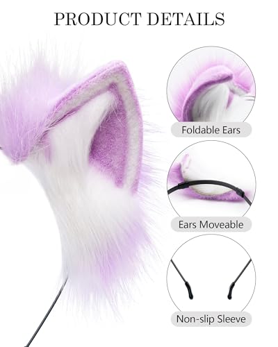 BNLIDES Handmade Fur Fox Wolf Cat Ears Headwear Women Men Cosplay Costume Party Cute Head Accessories for Halloween (Purple White) - Image 2