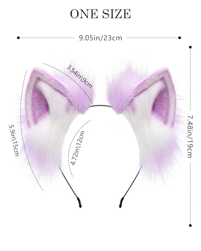 BNLIDES Handmade Fur Fox Wolf Cat Ears Headwear Women Men Cosplay Costume Party Cute Head Accessories for Halloween (Purple White) - Image 3