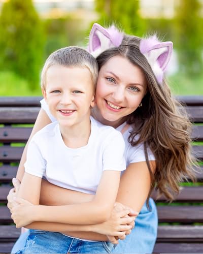 BNLIDES Handmade Fur Fox Wolf Cat Ears Headwear Women Men Cosplay Costume Party Cute Head Accessories for Halloween (Purple White) - Image 5
