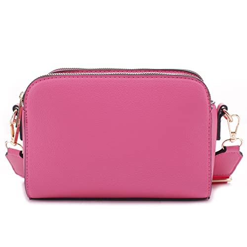 EVVE Crossbody Bags for Women Trendy Triple Zip Small Crossbody Camera Bag Purse with Wide Guitar Strap| Fuschia - Image 2