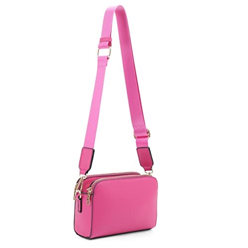 EVVE Crossbody Bags for Women Trendy Triple Zip Small Crossbody Camera Bag Purse with Wide Guitar Strap| Fuschia - Image 1