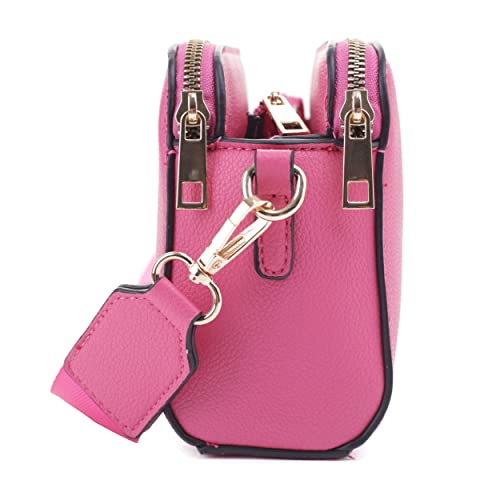 EVVE Crossbody Bags for Women Trendy Triple Zip Small Crossbody Camera Bag Purse with Wide Guitar Strap| Fuschia - Image 3