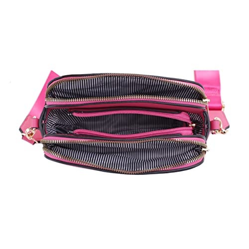 EVVE Crossbody Bags for Women Trendy Triple Zip Small Crossbody Camera Bag Purse with Wide Guitar Strap| Fuschia - Image 5