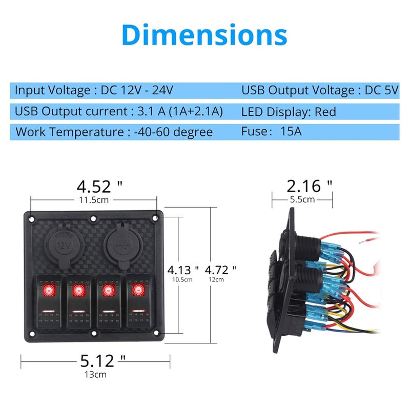 Wivplex 4 Gang Rocker Switch Panel with USB Charger - Image 2