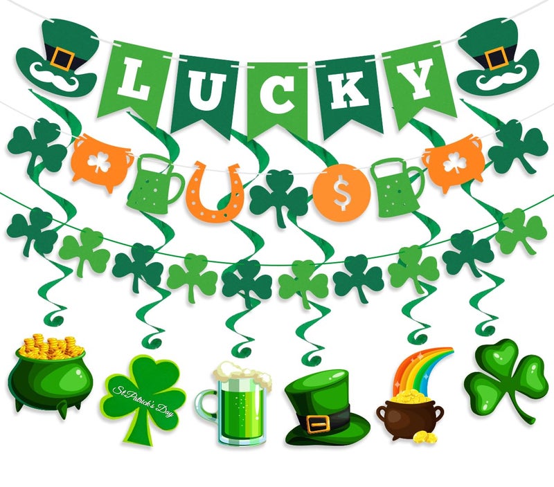 Labrostar 15Pcs St Patricks Day Decorations St Patricks Day Decor Pre-Assembled Shamrock Lucky Banner Clover Garland Banners Hanging Swirls for Irish Party Supplies Saint Patricks Day Decorations - Image 1