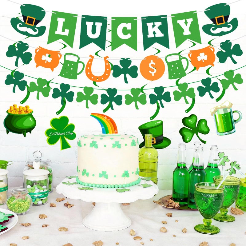 Labrostar 15Pcs St Patricks Day Decorations St Patricks Day Decor Pre-Assembled Shamrock Lucky Banner Clover Garland Banners Hanging Swirls for Irish Party Supplies Saint Patricks Day Decorations - Image 5