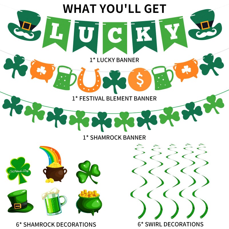 Labrostar 15Pcs St Patricks Day Decorations St Patricks Day Decor Pre-Assembled Shamrock Lucky Banner Clover Garland Banners Hanging Swirls for Irish Party Supplies Saint Patricks Day Decorations - Image 3