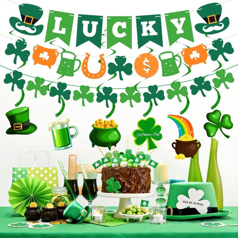 Labrostar 15Pcs St Patricks Day Decorations St Patricks Day Decor Pre-Assembled Shamrock Lucky Banner Clover Garland Banners Hanging Swirls for Irish Party Supplies Saint Patricks Day Decorations - Image 2