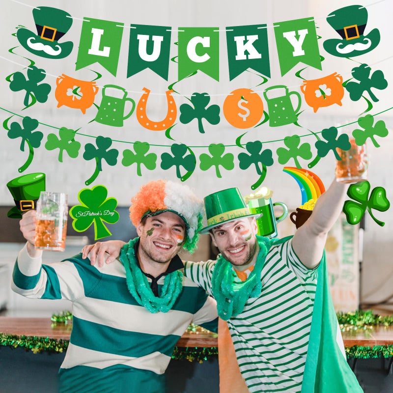 Labrostar 15Pcs St Patricks Day Decorations St Patricks Day Decor Pre-Assembled Shamrock Lucky Banner Clover Garland Banners Hanging Swirls for Irish Party Supplies Saint Patricks Day Decorations - Image 4