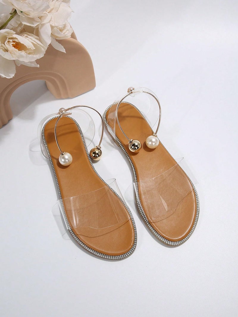 OYOANGLE Women's Pearl Decor Clear Straps Open Toe Flat Sandals Leather Outdoor Beach Sandals Apricot 8.5 - Image 3