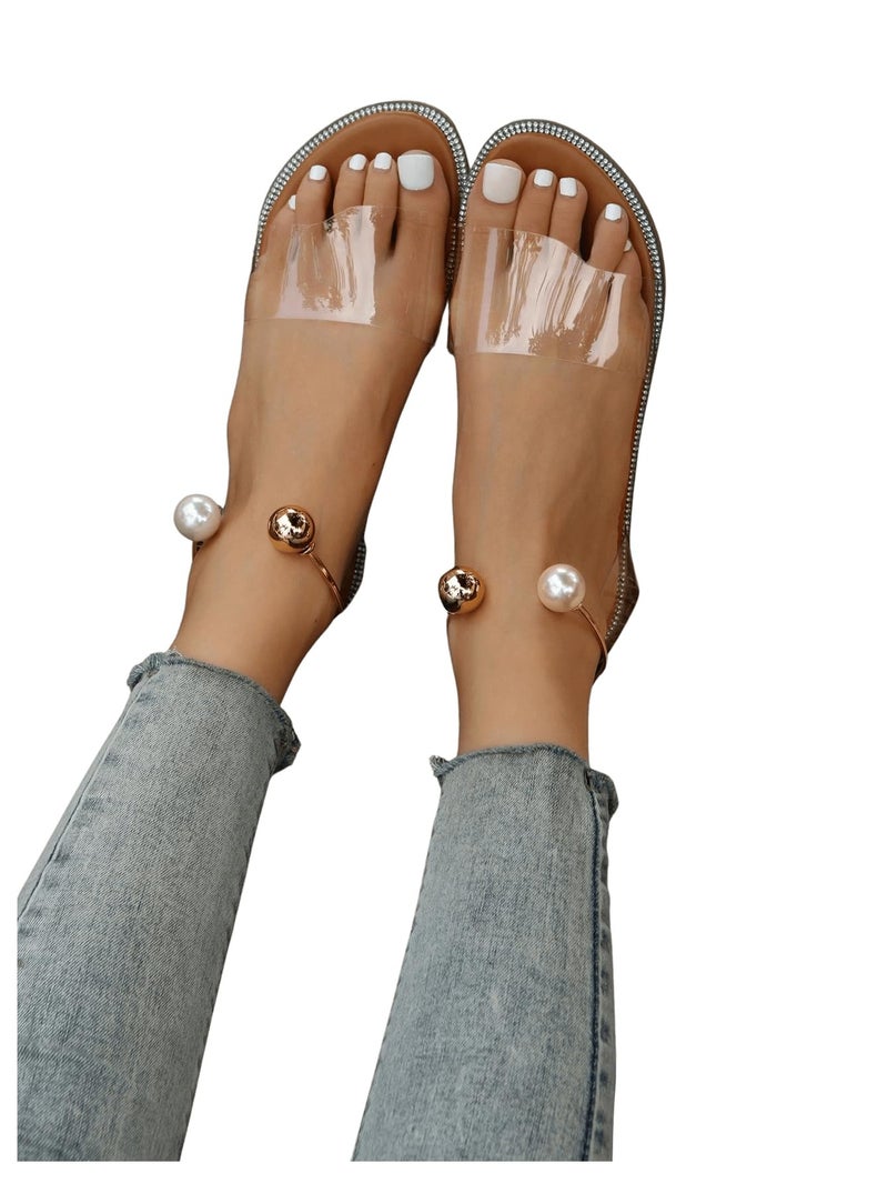 OYOANGLE Women's Pearl Decor Clear Straps Open Toe Flat Sandals Leather Outdoor Beach Sandals Apricot 8.5 - Image 4