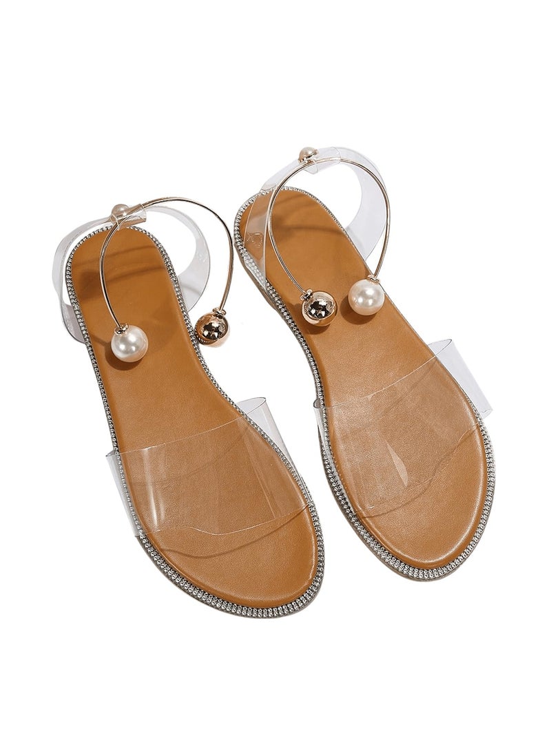 OYOANGLE Women's Pearl Decor Clear Straps Open Toe Flat Sandals Leather Outdoor Beach Sandals Apricot 8.5 - Image 5
