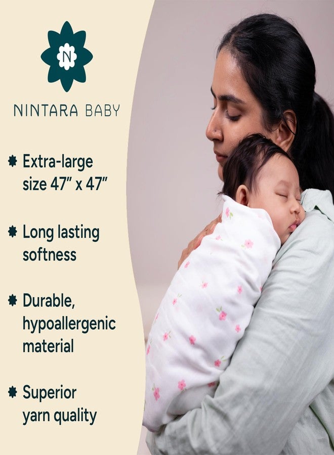 NINTARABABY أغطية تقميط كبيرة جدًا من نينتارابي - قطن موسلين عضوي فاخر 100%، 119 سم × 119 سم، فائقة النعومة، تسمح بمرور الهواء وخفيفة الوزن، مضادة للحساسية، هدية مثالية للمواليد الإناث، عبوة من 3 قطع - Image 3