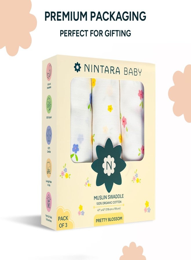 NINTARABABY أغطية تقميط كبيرة جدًا من نينتارابي - قطن موسلين عضوي فاخر 100%، 119 سم × 119 سم، فائقة النعومة، تسمح بمرور الهواء وخفيفة الوزن، مضادة للحساسية، هدية مثالية للمواليد الإناث، عبوة من 3 قطع - Image 5