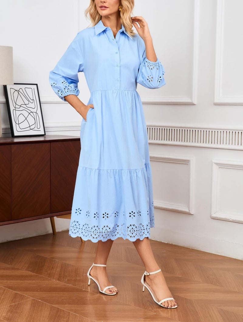 Ladyful Elegant Cotton Shirt Dress for Women Button Down 3/4 Sleeve Hollowed Out Eyelet Flowy Midi Maxi Dress Light Blue - Image 3
