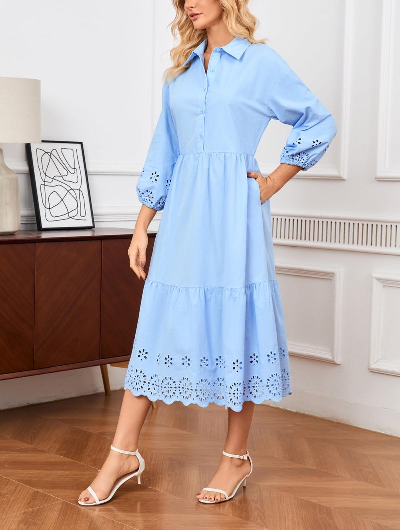 Ladyful Elegant Cotton Shirt Dress for Women Button Down 3/4 Sleeve Hollowed Out Eyelet Flowy Midi Maxi Dress Light Blue - Image 4