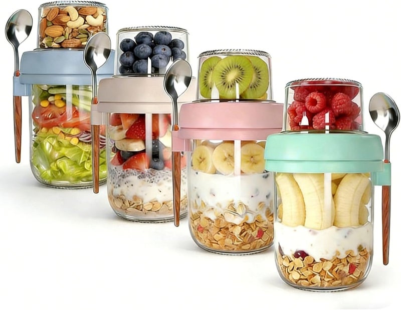 PFUM Overnight Oats Jars with Spoon and Lid 16+4 oz [4 Pack], Airtight Oatmeal Container with Leak-proof Meal Prep Containers Dry and Wet Separation Mason Jars with Lid for Cereal - Image 1