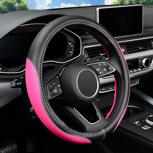 LABBYWAY Microfiber Leather Auto Car Steering Wheel Cover, Universal Fit 15 Inch Anti-Slip Wheel Protector, Pink - Image 1