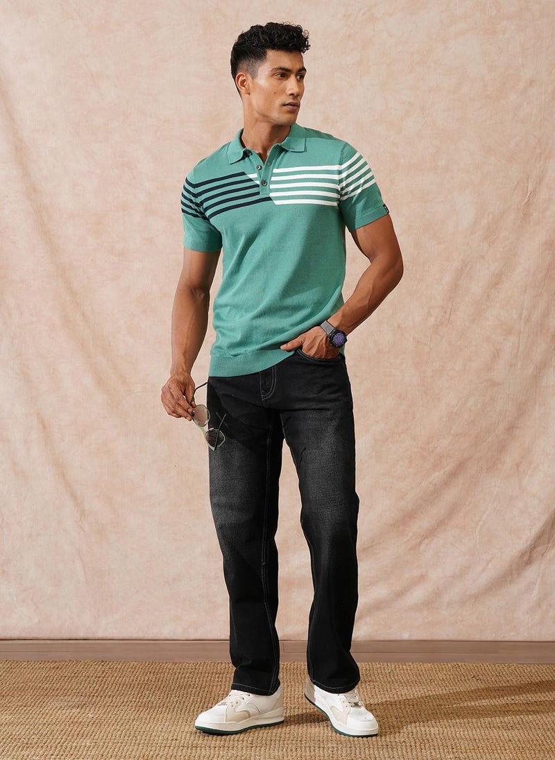 Wrogn Flat Knit Slim Fit Polo T-Shirt | Green - Image 2