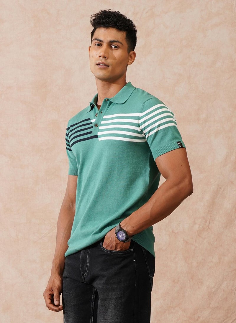 Wrogn Flat Knit Slim Fit Polo T-Shirt | Green - Image 4