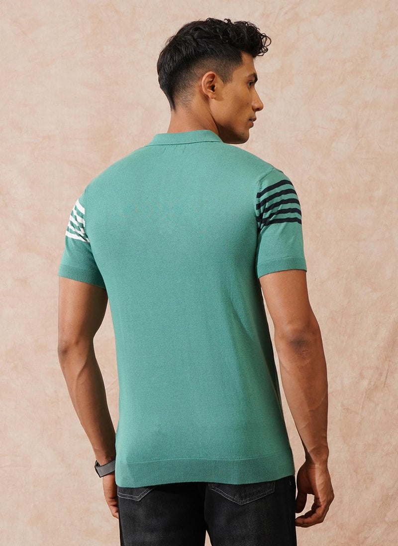 Wrogn Flat Knit Slim Fit Polo T-Shirt | Green - Image 3