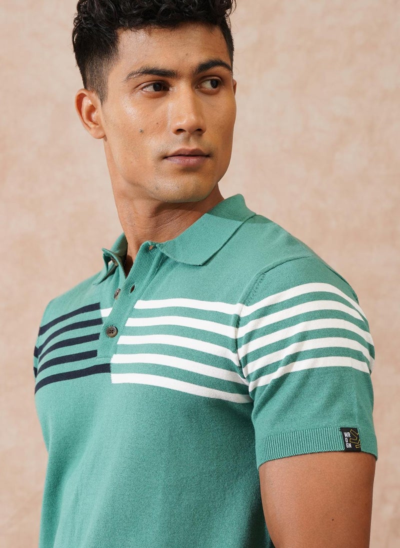 Wrogn Flat Knit Slim Fit Polo T-Shirt | Green - Image 5