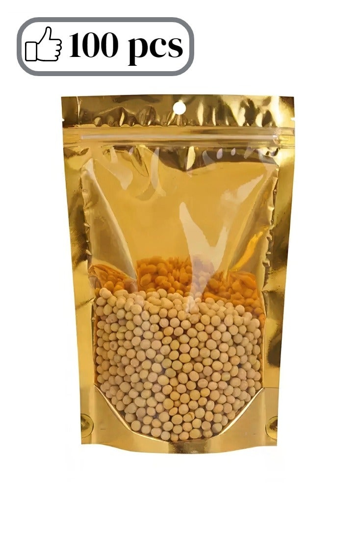 Gmisun 100-Piece Reusable Ziplock Pouch Bags With Window, Water Proof and Oil Proof Food Storage Bags For Candy,  Sweets, Snack, Favors ,Gold 14x20cm  - Image 1