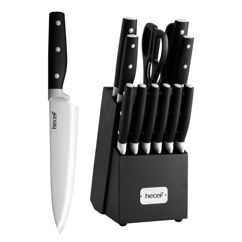 hecef Kitchen Knife Block Set 14 Pieces Knife Set with Wooden Block  Sharpener Steel  Allpurpose Scissors High Carbon Stainless Steel Cutlery Set Black