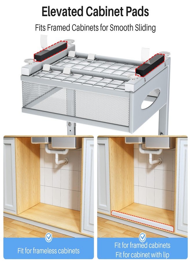 PXRACK Under Sink Organizer, 2 Pack 2 Tier Pull Out Under Cabinet Organizer Shelf with Pad for Framed Cabinets, Metal Slide Out Under Sink Storage, Mesh Sliding Drawers for Kitchen Bathroom Laundry, Grey - Image 3