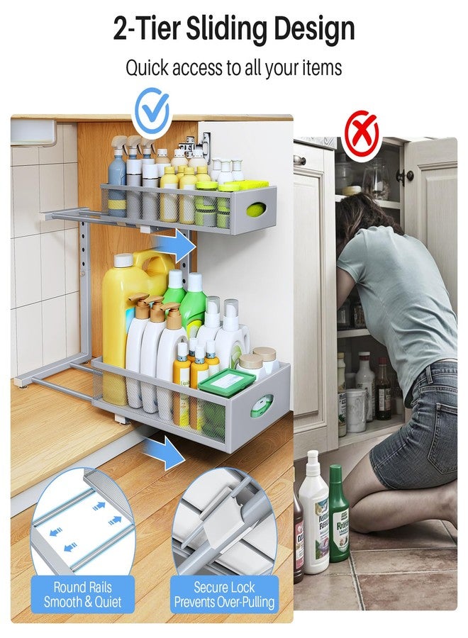 PXRACK Under Sink Organizer, 2 Pack 2 Tier Pull Out Under Cabinet Organizer Shelf with Pad for Framed Cabinets, Metal Slide Out Under Sink Storage, Mesh Sliding Drawers for Kitchen Bathroom Laundry, Grey - Image 5