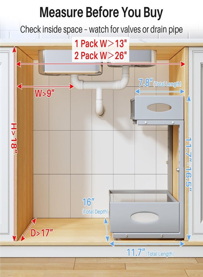 PXRACK Under Sink Organizer, 2 Pack 2 Tier Pull Out Under Cabinet Organizer Shelf with Pad for Framed Cabinets, Metal Slide Out Under Sink Storage, Mesh Sliding Drawers for Kitchen Bathroom Laundry, Grey - Image 2