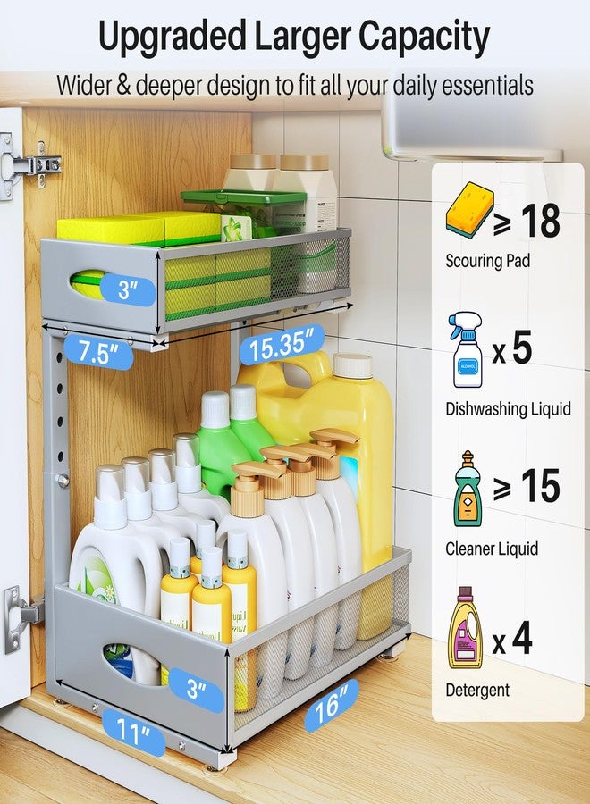 PXRACK Under Sink Organizer, 2 Pack 2 Tier Pull Out Under Cabinet Organizer Shelf with Pad for Framed Cabinets, Metal Slide Out Under Sink Storage, Mesh Sliding Drawers for Kitchen Bathroom Laundry, Grey - Image 4