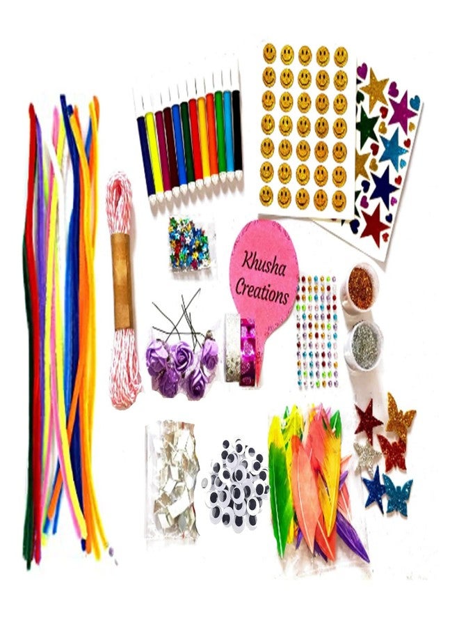 KHUSHA CREATIONS 13in1 DIY Craft Material Box for Kids/Decoration Material kit/School Project Material/Stickers,Pipecleaners,PaperThread,GogglyEyes,SketchPen,Mirrors,DecorationMaterial,Tapes Combo - Image 1