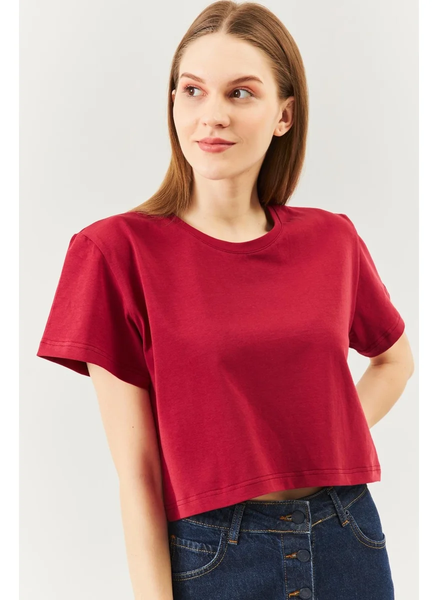 Butikgiz Claret Red Oversize Comfortable 100% Cotton Combed Crew Neck Short Sleeve Basic Crop T-Shirt