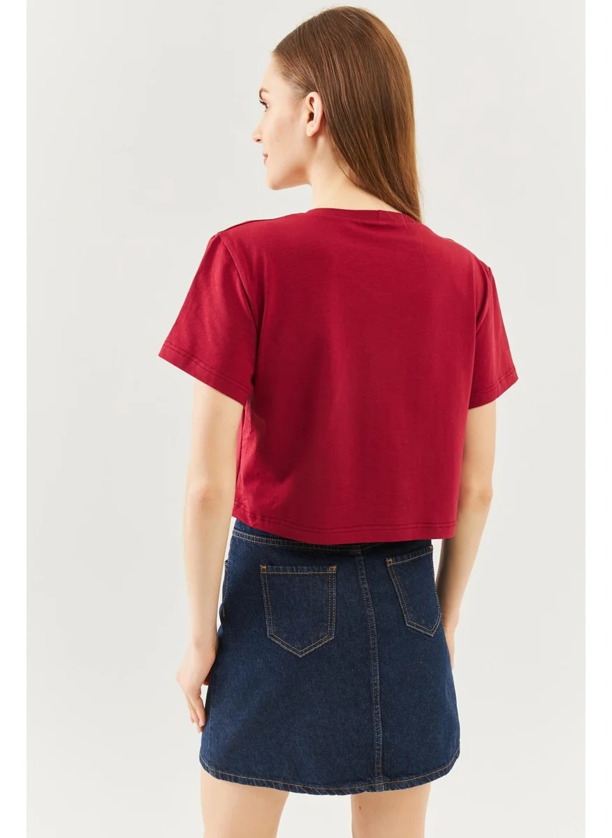Butikgiz Claret Red Oversize Comfortable 100% Cotton Combed Crew Neck Short Sleeve Basic Crop T-Shirt