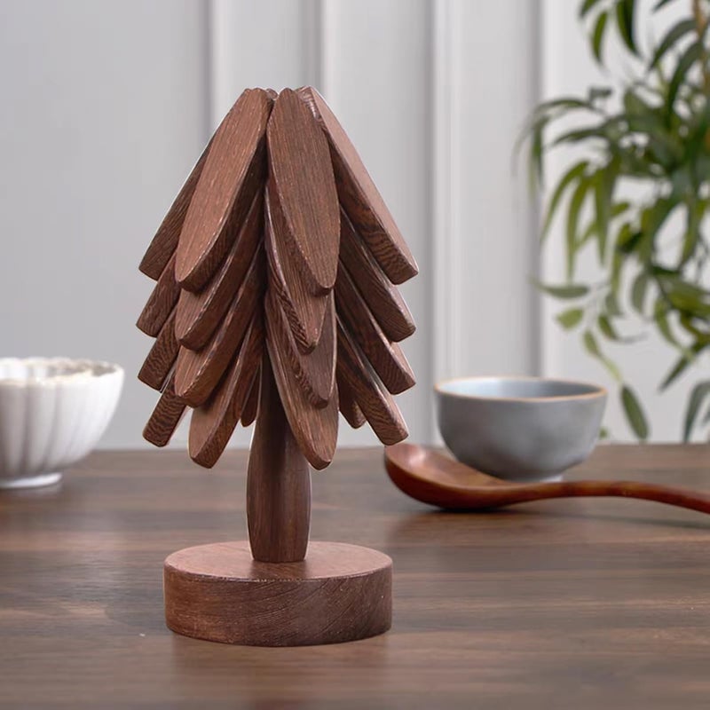 DEOLD Wooden Placemats - Tree Washer Set, Wooden Pinwheel Coaster Set with Stand for Easy Storage - for Fondue pots, Pans, Bowls, teapots, Warming Trays - Versatile Decorations (B Walnut 4 pcs) - Image 2