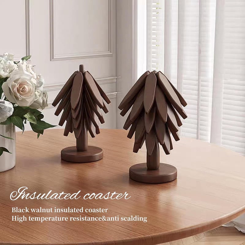DEOLD Wooden Placemats - Tree Washer Set, Wooden Pinwheel Coaster Set with Stand for Easy Storage - for Fondue pots, Pans, Bowls, teapots, Warming Trays - Versatile Decorations (B Walnut 4 pcs) - Image 5