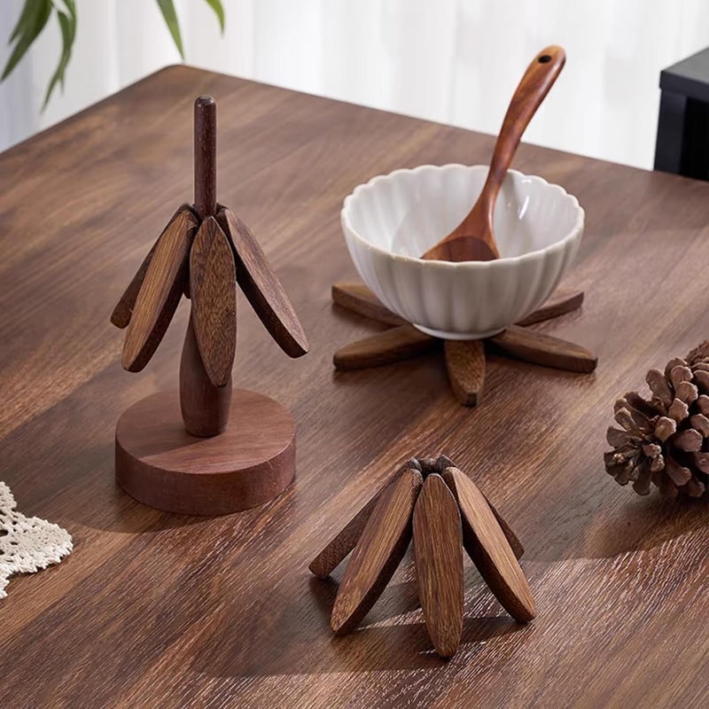 DEOLD Wooden Placemats - Tree Washer Set, Wooden Pinwheel Coaster Set with Stand for Easy Storage - for Fondue pots, Pans, Bowls, teapots, Warming Trays - Versatile Decorations (B Walnut 4 pcs) - Image 3