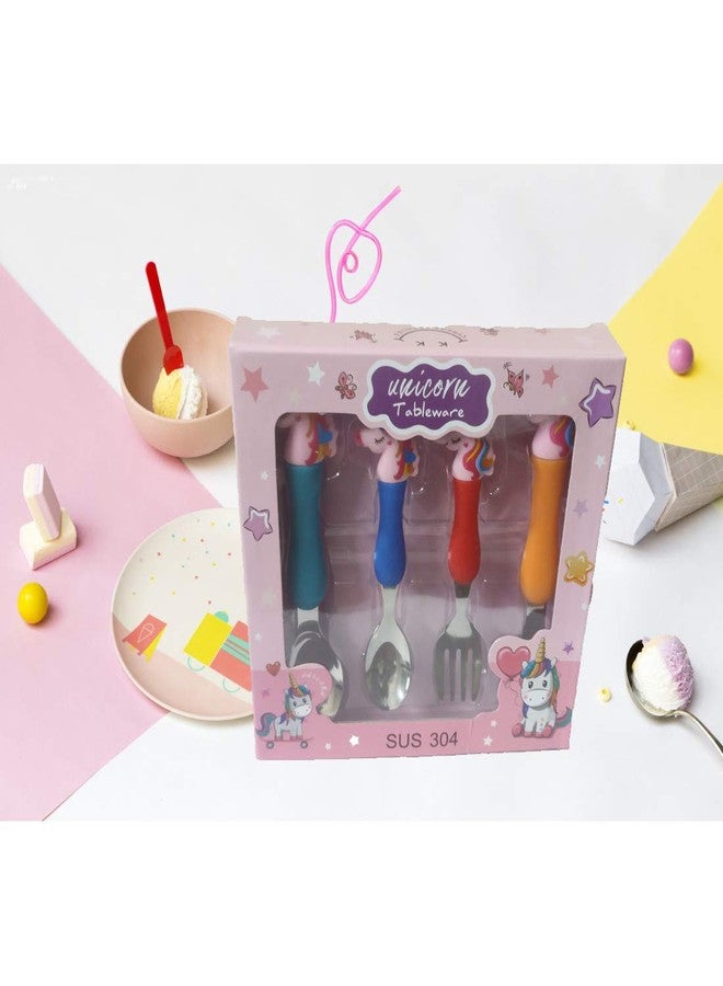 LIGHTER HOUSE� Kids Favorite Unicorn Cartoon Character Fork Spoon Baby Cartoon Drop Tableware 304 Stainless Steel Fork Spoon Set (04 Pcs. Set) - Image 2