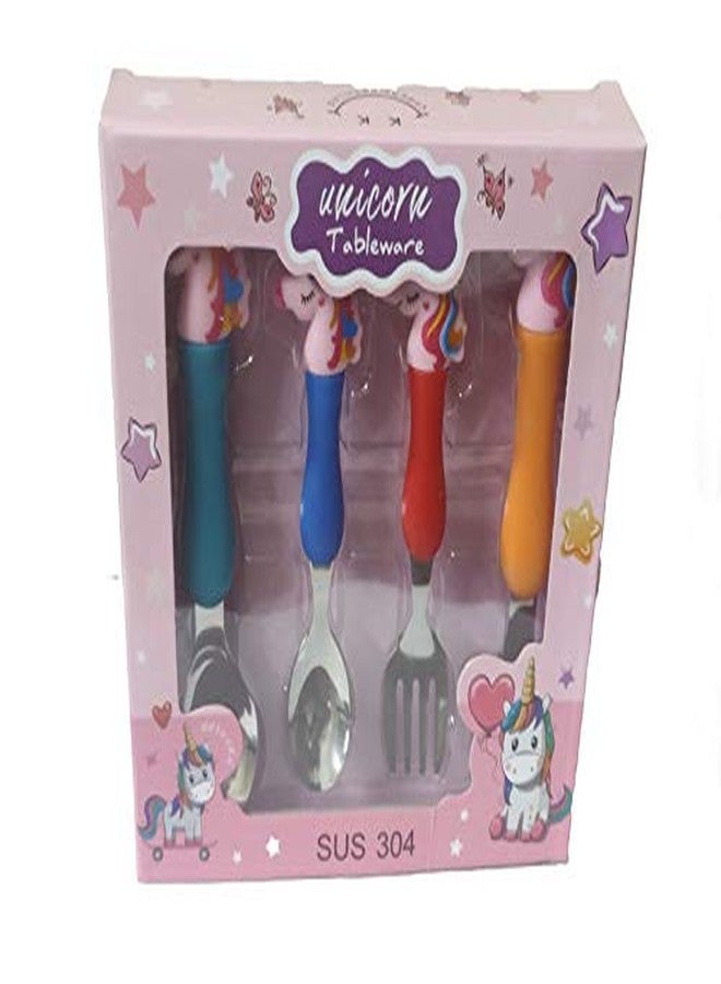 LIGHTER HOUSE� Kids Favorite Unicorn Cartoon Character Fork Spoon Baby Cartoon Drop Tableware 304 Stainless Steel Fork Spoon Set (04 Pcs. Set) - Image 1