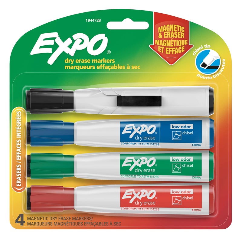 Expo Magnetic Dry Erase Markers with Eraser, Chisel Tip, Assorted, 4 Count - Image 1
