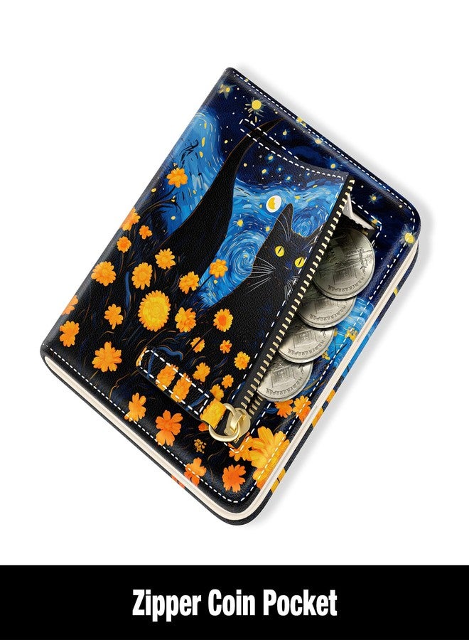 Rouidr Womens Wallet, RFID Small Wallet for Women, Cute Slim Bifold Leather Pocket Credit Card Wallet Ladies Mini Purse with Zipper Coin Pocket & ID Window, Starry Sky Cat, Cat - Image 4