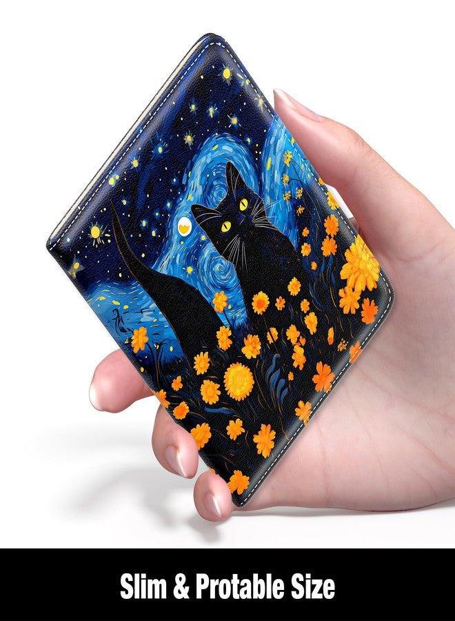 Rouidr Womens Wallet, RFID Small Wallet for Women, Cute Slim Bifold Leather Pocket Credit Card Wallet Ladies Mini Purse with Zipper Coin Pocket & ID Window, Starry Sky Cat, Cat - Image 2