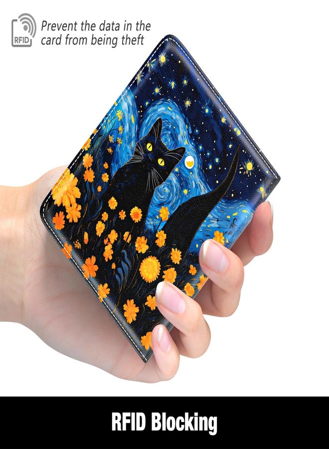 Rouidr Womens Wallet, RFID Small Wallet for Women, Cute Slim Bifold Leather Pocket Credit Card Wallet Ladies Mini Purse with Zipper Coin Pocket & ID Window, Starry Sky Cat, Cat - Image 5
