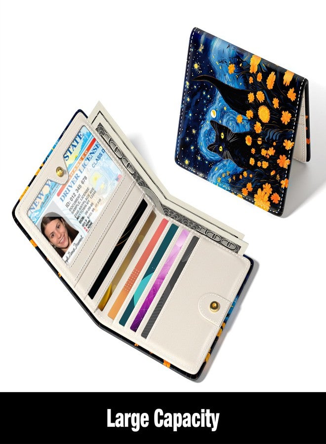 Rouidr Womens Wallet, RFID Small Wallet for Women, Cute Slim Bifold Leather Pocket Credit Card Wallet Ladies Mini Purse with Zipper Coin Pocket & ID Window, Starry Sky Cat, Cat - Image 3
